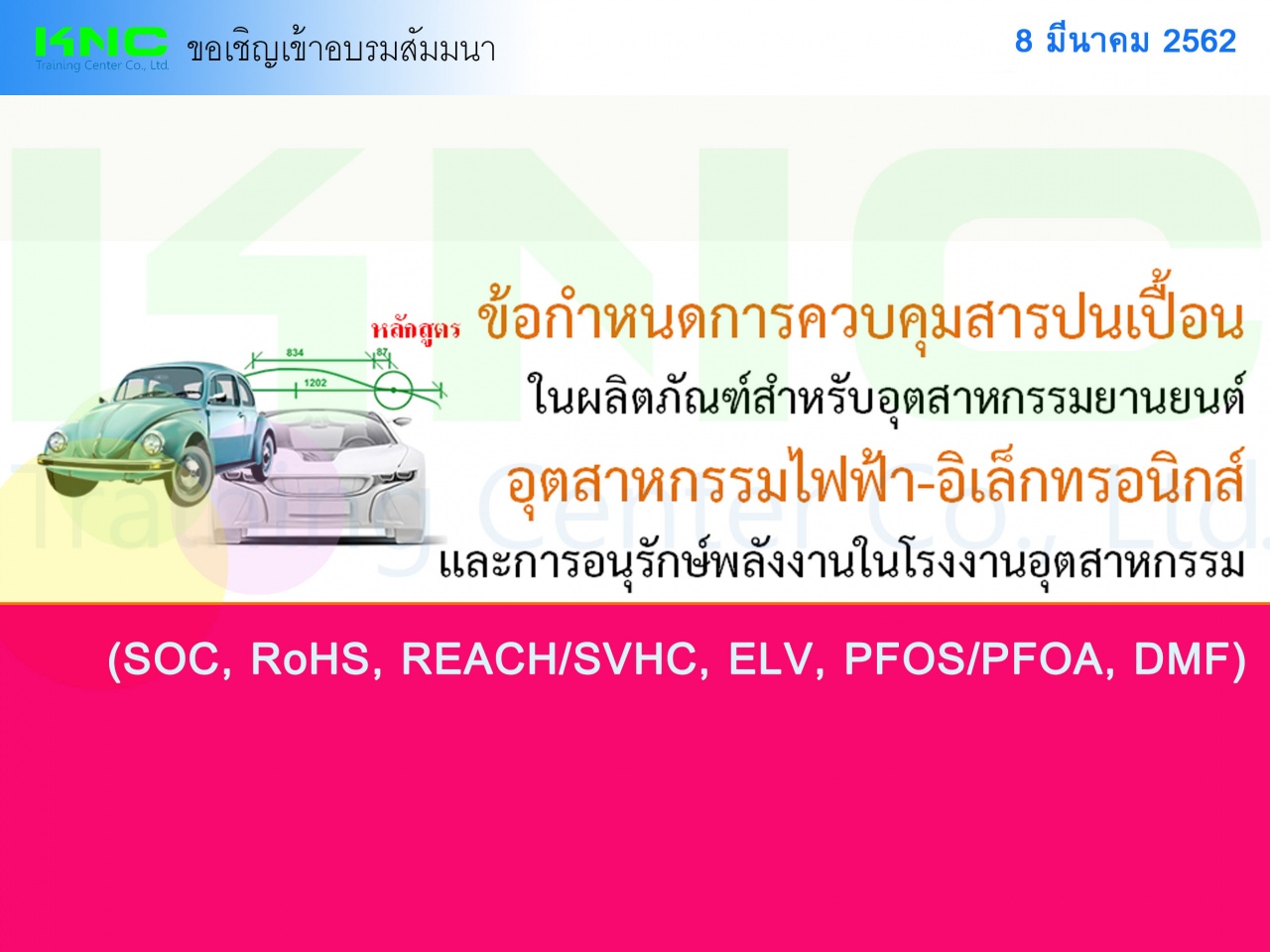 ข้อกำหนดการควบคุมสารปนเปื้อนในผลิตภัณฑ์สำหรับอุตสาหกรรมยานยนต์ อุตสาหกรรมไฟฟ้า-อิเล็กทรอนิกส์และการอนุรักษ์พลังงานในโรงงานอุตสาหกรรม (SOC, RoHS, REACH/SVHC, ELV, PFOS/PFOA, DMF)