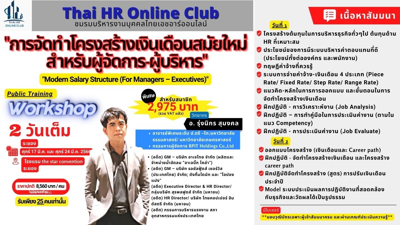 ระยอง Workshop การจัดทำโครงสร้างเงินเดือนสมัยใหม่สำหรับผู้จัดการ-ผู้บริหาร